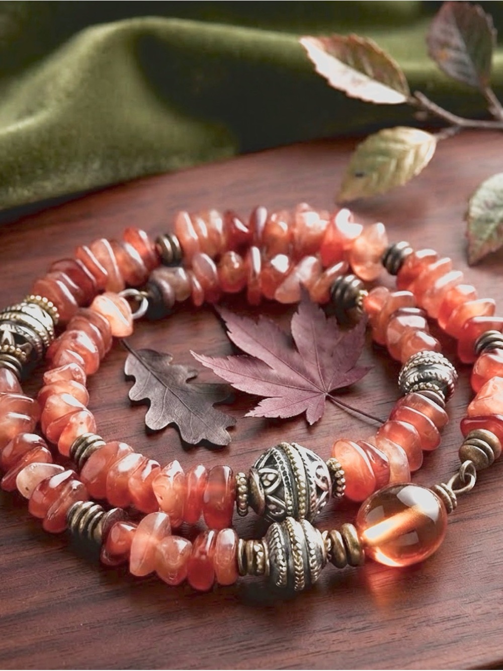 Autumn Orange Agate Wrap Bracelet with Silver-Tone Accents